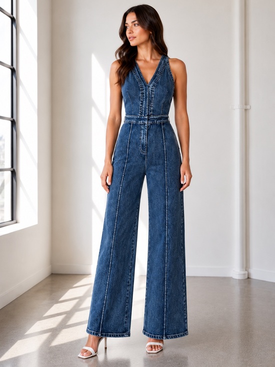 Pants - 424. The Riviera Washed Denim Wide Leg V-neck Jumpsuit